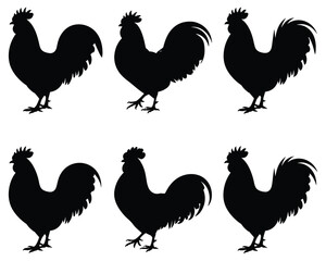 Rooster Silhouettes In Various Poses Black And White Silhouette © MDHASAN