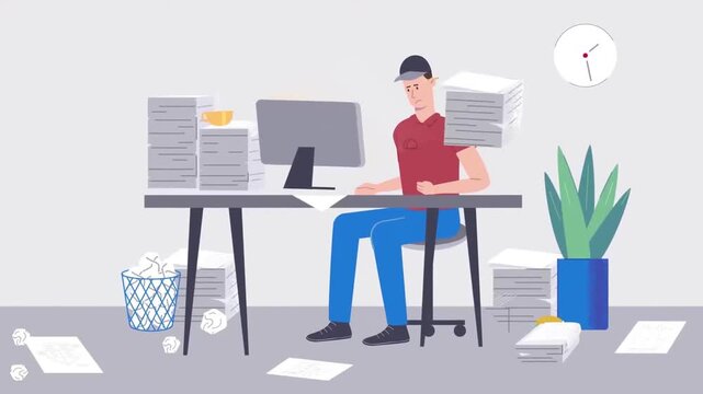 Stressed Male Employee Working at a Messy Office Desk with Piles of Documents Animation