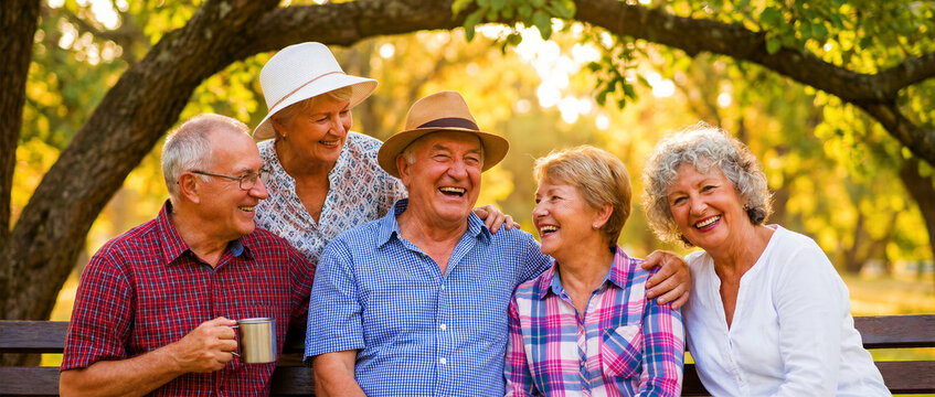 Group of happy senior friends laughing together on a park bench. Elderly men and women enjoying a sunny summer afternoon. Active retirement and friendship concept for community marketing.