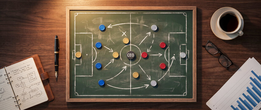 Top down view of a soccer tactics board on a wooden desk with a notebook and coffee.
