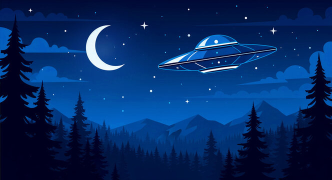 UFO flying over a dense pine forest at night under a crescent moon. Stylized vector illustration of an alien spacecraft hovering above mountains. Science fiction and mystery concept for posters.