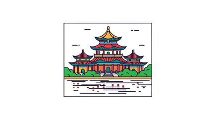 Fototapeta premium Traditional Asian Palace Architecture with Water Reflection, Vibrant Colors