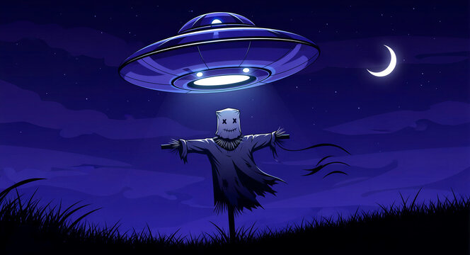 UFO hovering over a scarecrow in a dark field at night. Alien spacecraft beaming light onto a spooky straw man under a crescent moon. Sci-fi mystery concept for paranormal themes.