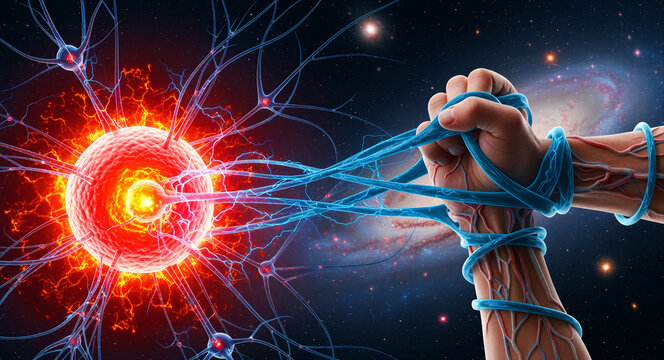 Human hand gripping neural pathways connected to a fiery nucleus in deep space. Conceptual depiction of mental willpower and cognitive strength. Ideal for neuroscience and mental health themes.