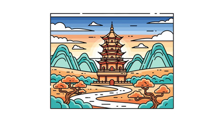 Obraz premium Serene Pagoda Landscape: Traditional Asian Architecture Amidst Mountains and Trees
