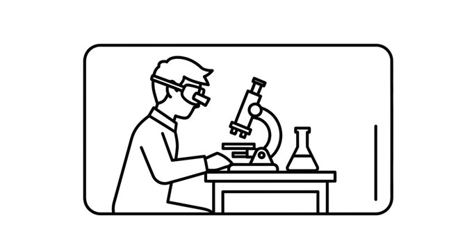 Scientist Working With Microscope and Beaker in Laboratory, Line Art Illustration