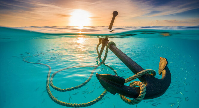 Large boat anchor resting on the seabed with a rope underwater. Split level view showing a tropical sunset over calm ocean waters. Stability and safety concept for nautical travel marketing.