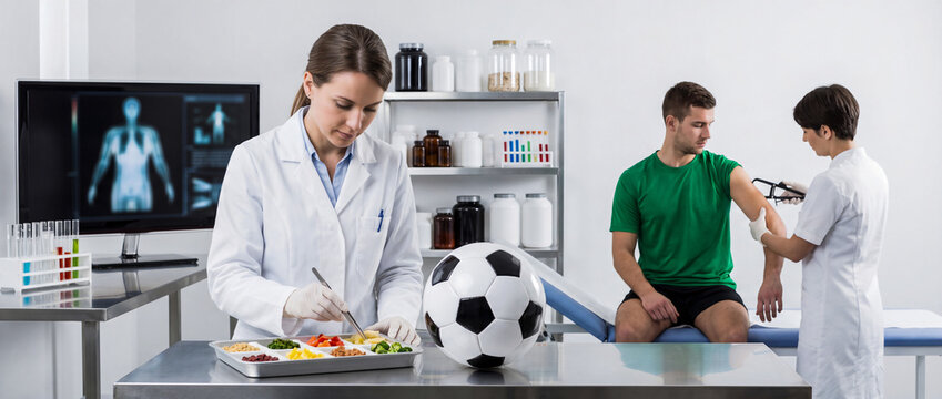 Female sports scientist preparing nutrition for a soccer player in a medical lab.