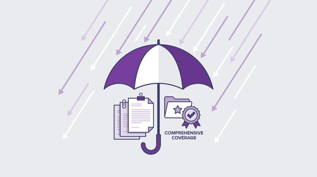 A purple umbrella protects documents and a certificate on a rainy day indoors.