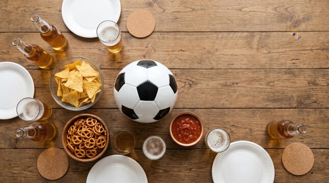 Soccer ball with beer and party snacks on wooden table with copy space perfect for sports bar marketing, game day event promotions, and social media banners