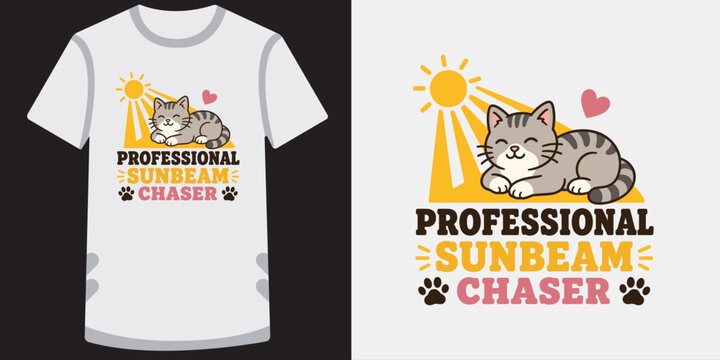 Cat relaxing in sunbeam with professional sunbeam chaser text illustration.