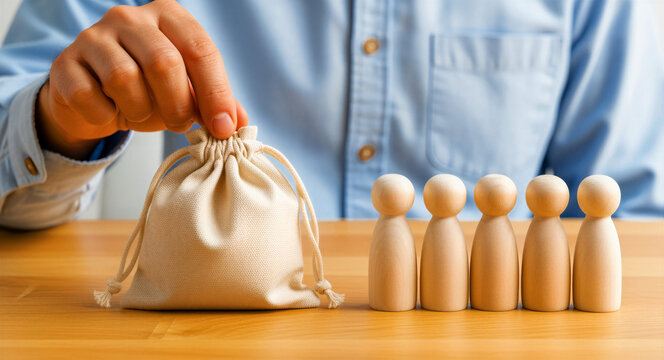 Businessman hand holding a fabric money bag next to a row of wooden people figures. Concept of payroll, salary distribution, or financial support. Human resources management and budget allocation.