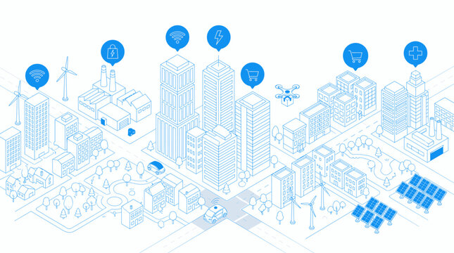 A futuristic cityscape illustration showcases sustainable infrastructure with wind turbines, solar panels, and skyscrapers under a network of location markers.