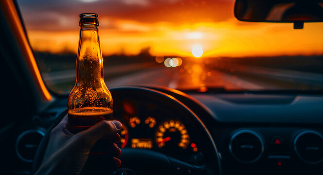 Man holding a bottle of beer while driving a car at sunset. View from the driver's seat showing the dashboard and an open alcoholic beverage. Concept of drunk driving and road safety awareness.