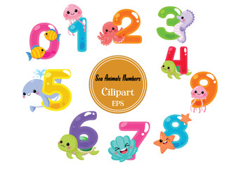 Fototapeta premium Whimsical Sea Animals Numbers 0-9 Vector Clipart Set for Children's Education and Fun Learning - Ocean Creature Themed Numeric Illustrations