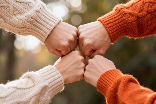 Four Hands in Knit Sweaters Fisting Together Outdoors