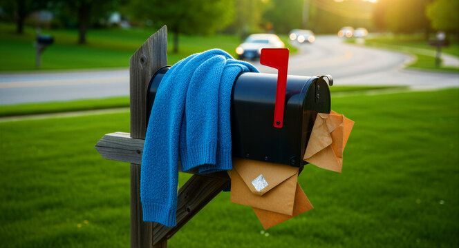 Black mailbox with a blue sweater draped over it and envelopes protruding from the opening. Suburban residential scene with a lush green lawn during a golden sunset. Concept of home and neighborhood.