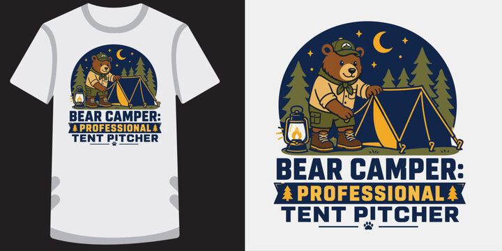 Brown bear character acting as professional tent pitcher in the wilderness at night time.