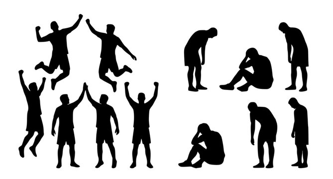 Victorious and defeated sports team vector silhouettes separate objects set