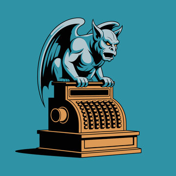 Gargoyle sitting on a cash register.