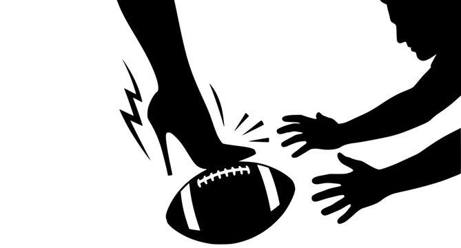 Woman popping football with stiletto heel vector silhouette comic pop art style