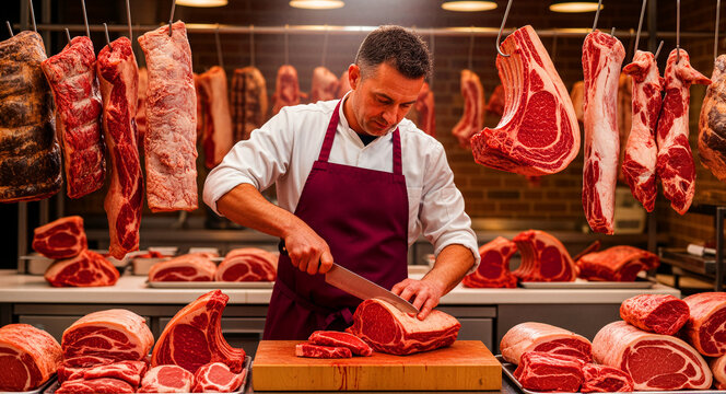 Professional butcher cutting raw beef on a wooden block. Master butcher with premium meat cuts in a traditional shop. Food production and artisan craft concept for culinary marketing and industry.