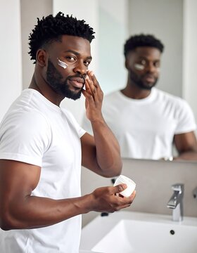 A man applies cream to his face in front of a bathroom mirror