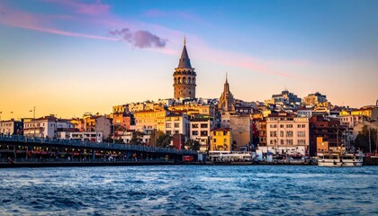 Obraz premium Istanbuls Iconic Skyline - A Captivating View of Historic Landmarks and Architectural Marvels at Sunset.