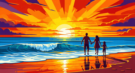 Fototapeta premium Silhouette of a happy family walking on the beach at sunset. Vibrant illustration of parents and child on a tropical vacation. Togetherness concept for travel and lifestyle marketing.
