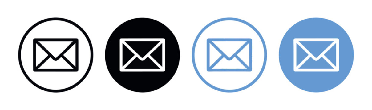 Clean mail envelope icons in various circle background styles and colors for digital communication.