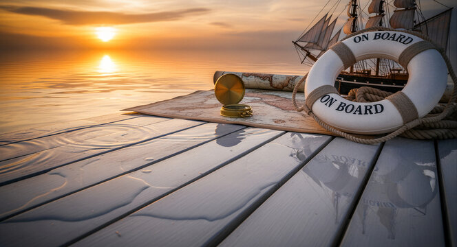Nautical equipment including a compass, map, and lifebuoy on a wet wooden deck at sunset. Model sailing ship rests overlooking a calm golden sea. Adventure concept for maritime travel marketing.