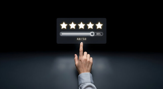Hand touching digital five star rating interface showing 4.8 out of 5.0 score with 80 percent slider for customer review satisfaction feedback and service quality concept