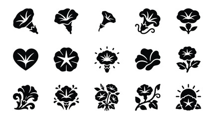 Obraz premium Collection of stylized black and white icons representing morning glory flowers and leaves in various forms.