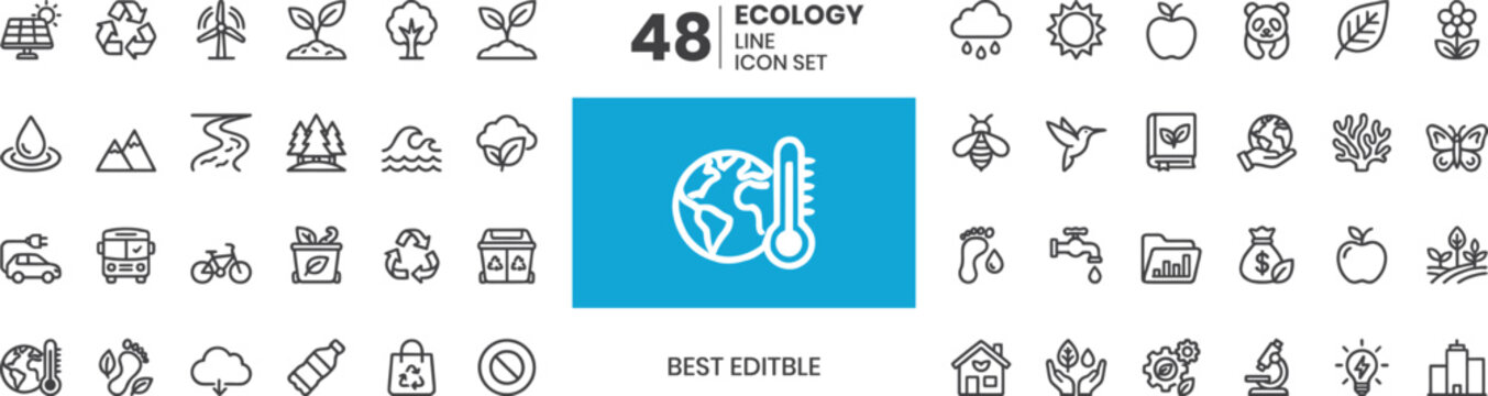 Ecology icon set. EnvironmeEcology line icon set. Recycle, solar power, eco, nature, eco farming, green, environment, Ecology icon set 48 editable line icons for environmental and sustainable concepts