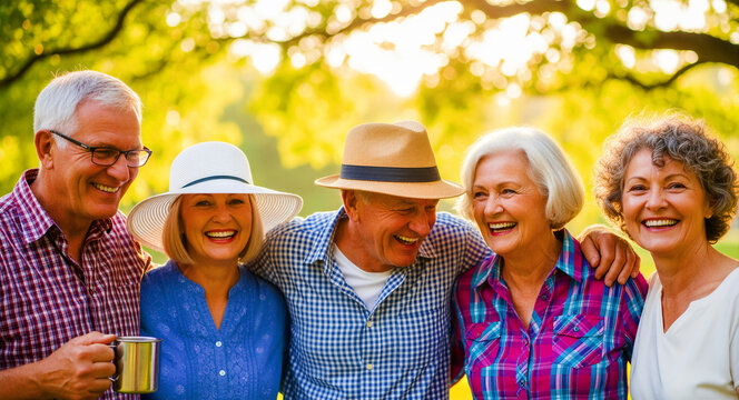 Group of happy senior friends laughing together in a sunlit park. Elderly men and women enjoying a social gathering outdoors during golden hour. Healthy aging concept for lifestyle marketing.