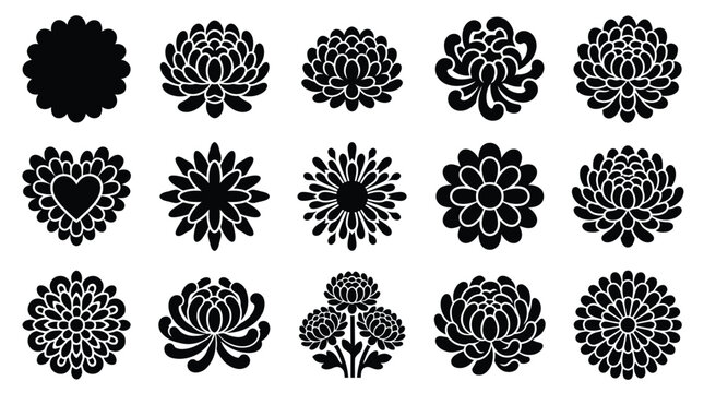 Collection of black and white stylized chrysanthemum flower icons and silhouettes.
