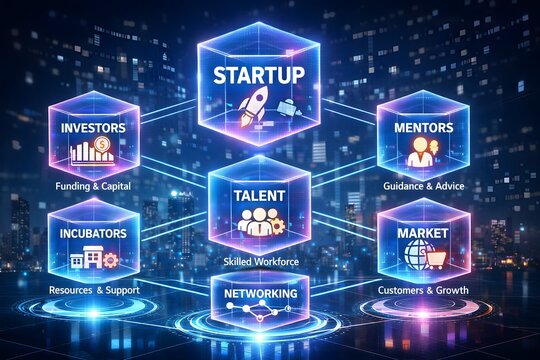 Startup ecosystem concept with investors, mentors, talent, market, networking, and incubators for business growth and success in a futuristic cityscape at night.