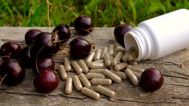 Cherry extract in supplements. Selective focus.