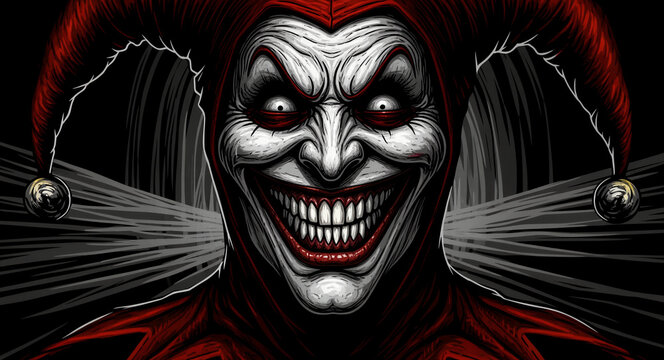 Creepy evil jester with a wide grin and sharp teeth staring. Sinister clown illustration with a red jester hat and white face. Horror character design for Halloween and dark fantasy projects.