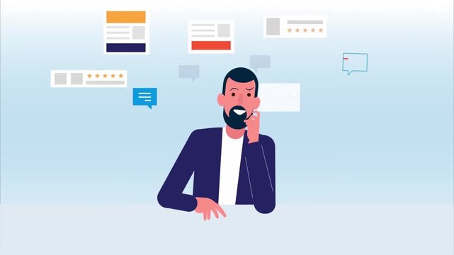 Thoughtful Businessman Sitting at Desk with Floating Digital UI Social Media Icons Animation