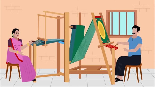 Traditional Indian Handloom Weavers Working on Wooden Loom Textile Production Animation