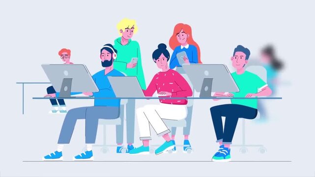 Group of Diverse Students or Tech Employees Working on Computers in Co-working Space Animation