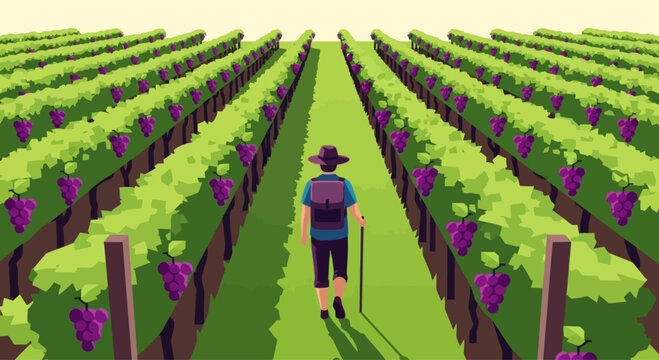 Farmer walking through lush vineyard with ripe purple grapes on vines during harvest season