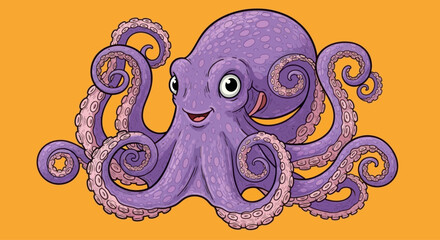 Cute cartoon octopus character with playful tentacles, isolated on orange background, graphic element © Keh