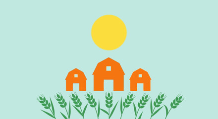 Farm scene with barns and wheat under a bright sun, simple flat design graphic element © Klosowulu
