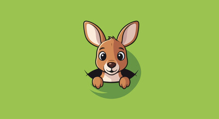 Cute cartoon kangaroo peeking out of a hole on a green background, vector illustration © Klosowulu