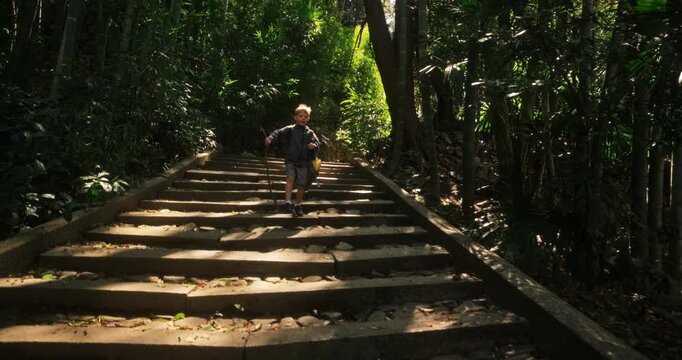 Little boy hiking down stone steps of Japanese forest during the spring - steady cam shot