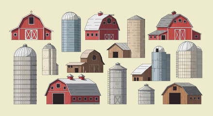 Farm building collection with barns and silos, graphic element set © johanes
