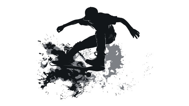 Skateboarder performs a trick above a textured ink splash design in this urban sports graphic.
