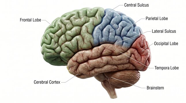 Detailed illustration of human brain anatomy for medical education